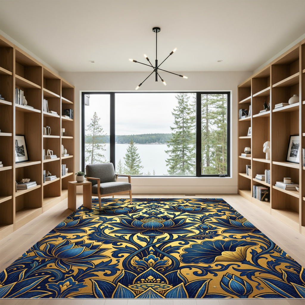 Royal Blue Lotus Gold Floral Art Rug