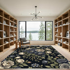 Moody Navy Cream Floral Botanical Bouquet Rug