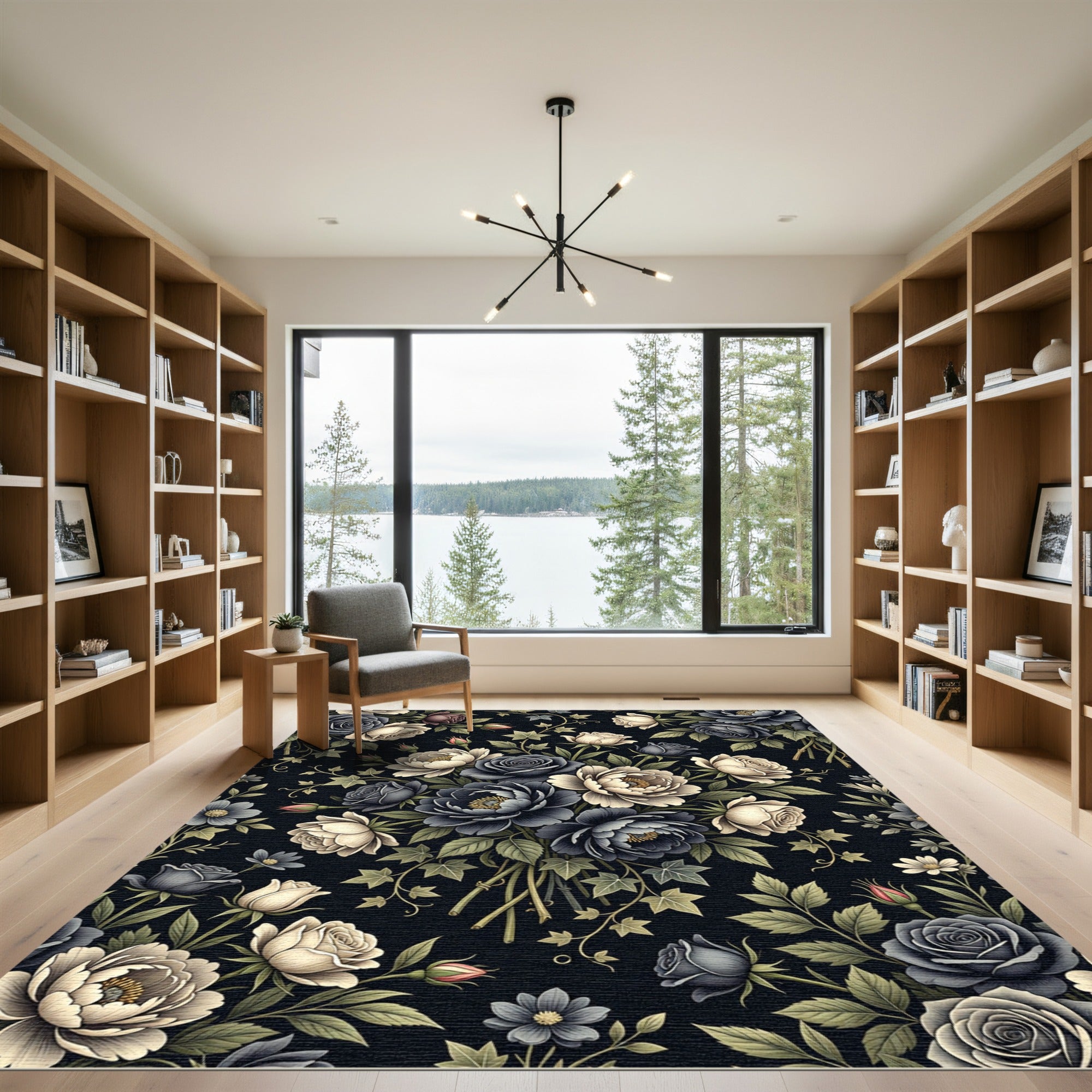 Moody Navy Cream Floral Botanical Bouquet Rug