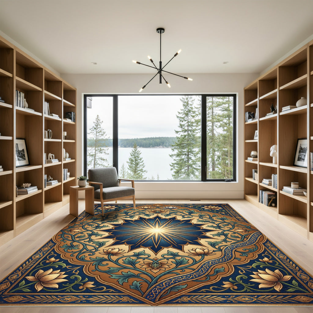 Radiant Navy Blue Gold Floral Medallion Rug