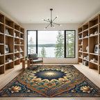 Radiant Navy Blue Gold Floral Medallion Rug