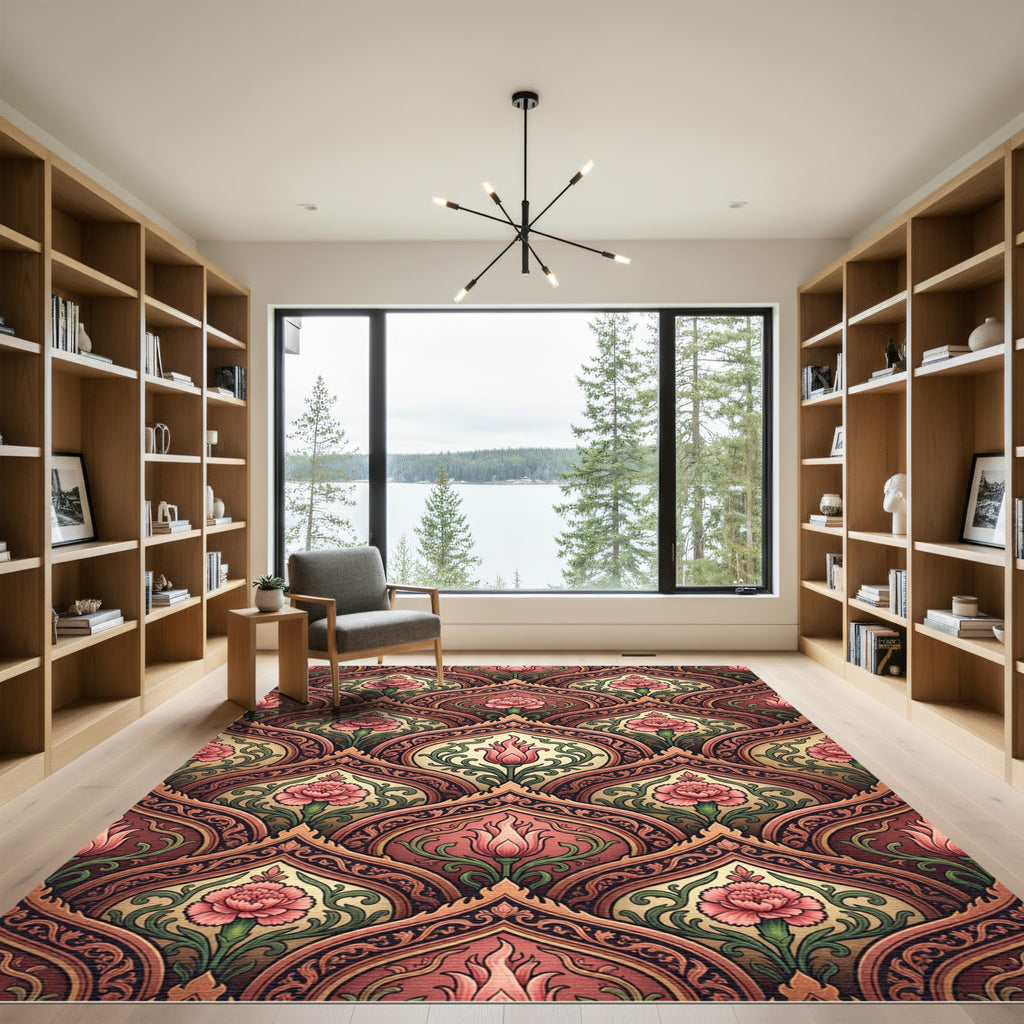Elegant Coral Floral Damask Scroll Rug