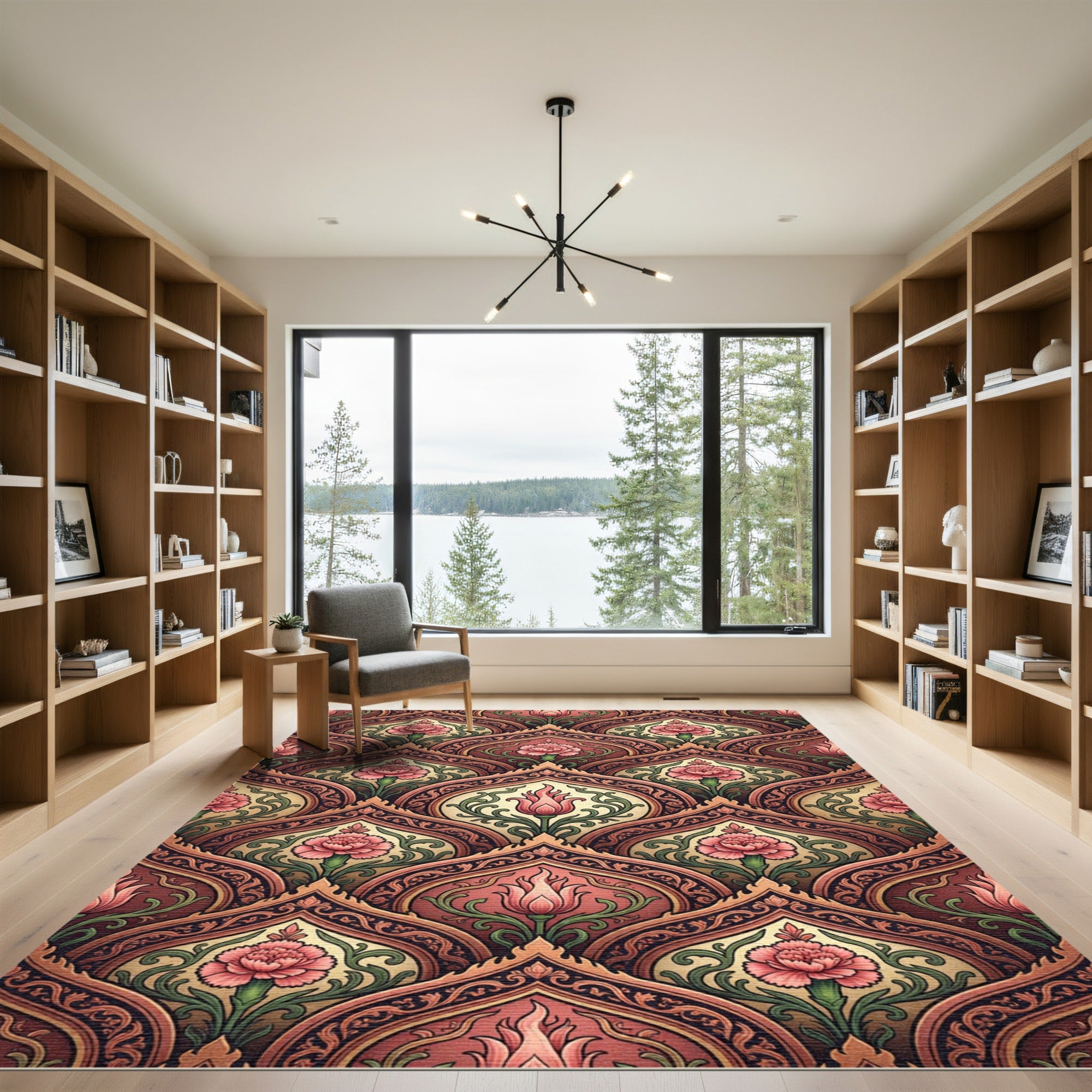 Elegant Coral Floral Damask Scroll Rug