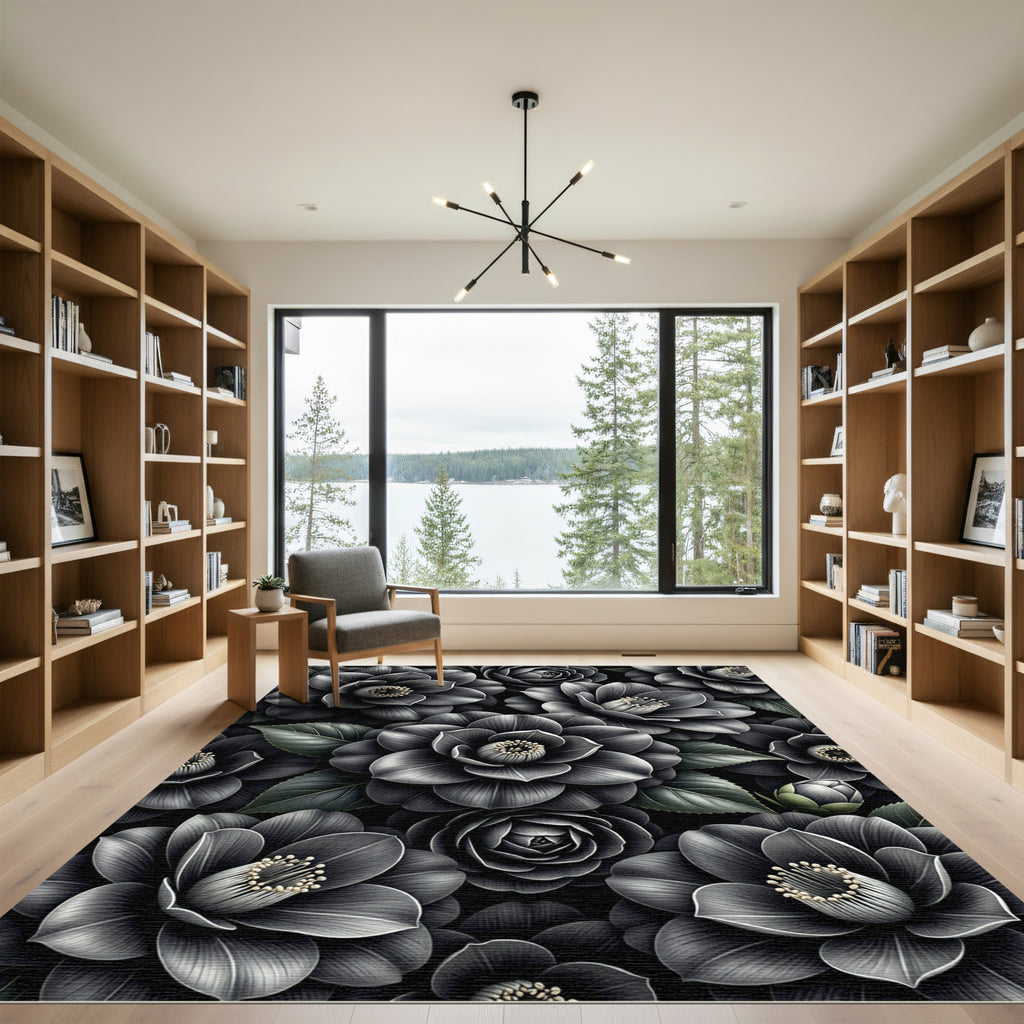 Dark Gray Realistic Flower Arrangement Rug