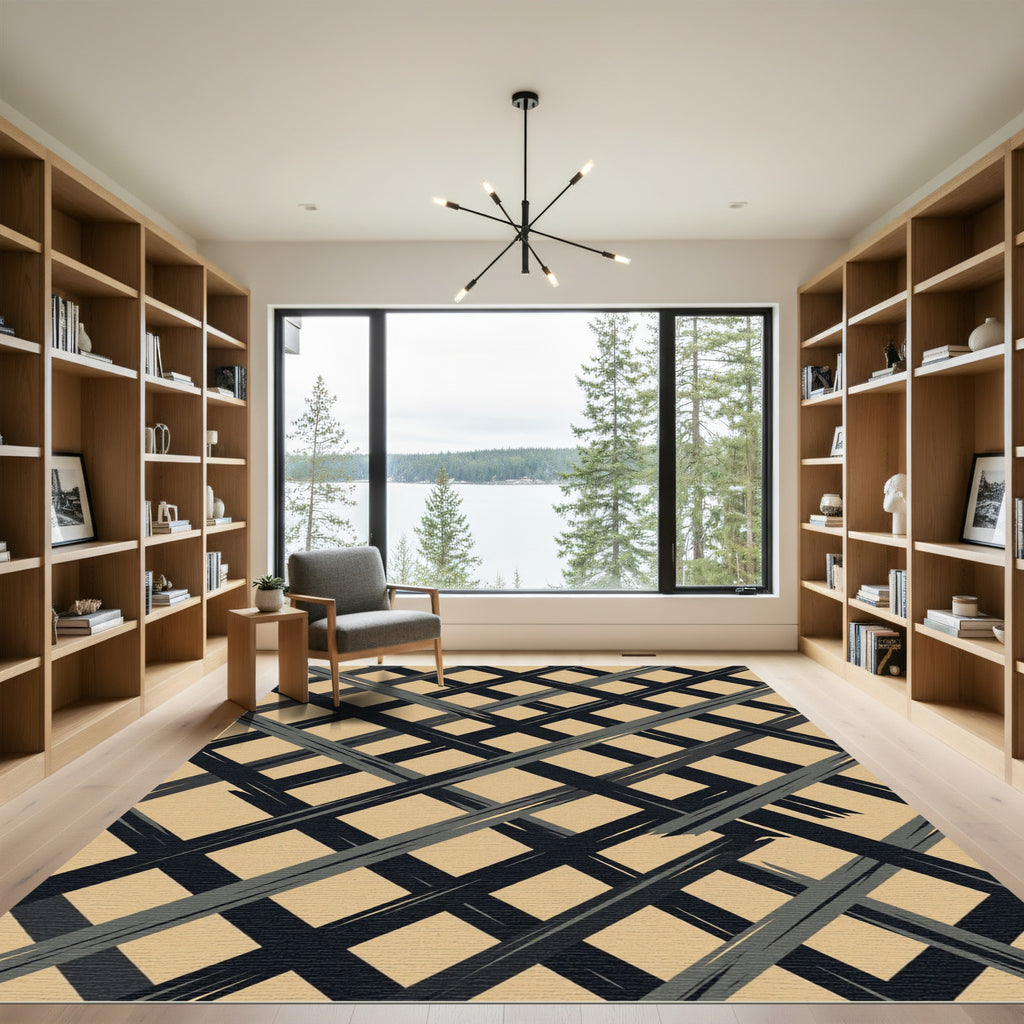 Tan Black Gray Diagonal Weave Rug