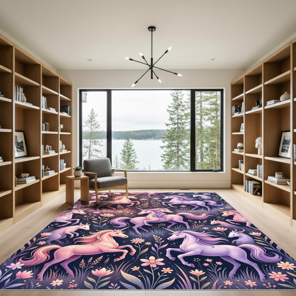 Whimsical Pastel Unicorn Floral Field Rug