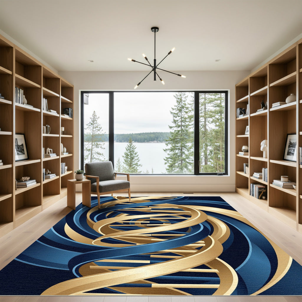 Abstract Gold and Navy Helix Spiral Rug