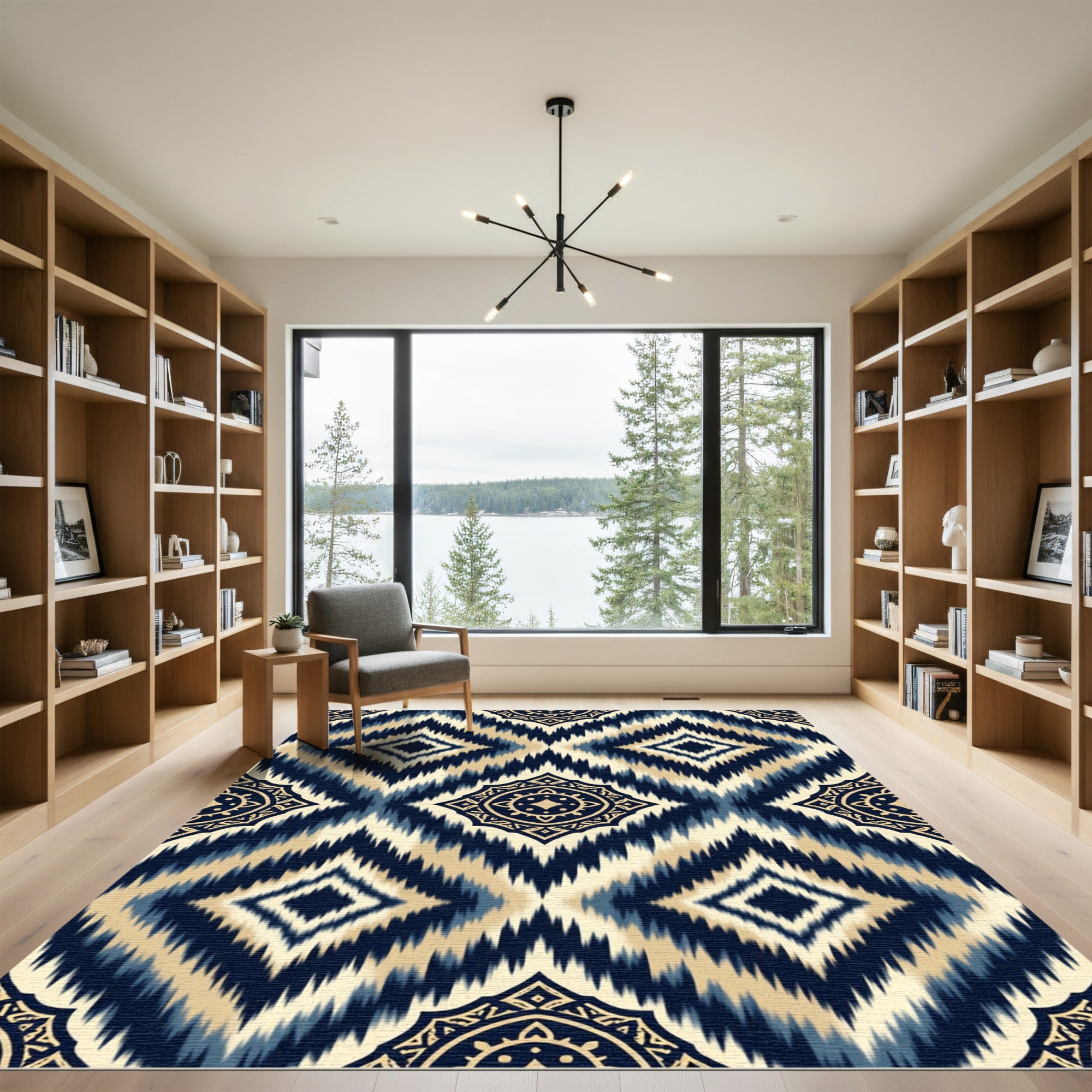 Navy and Gold Ikat Diamond Medallion Rug