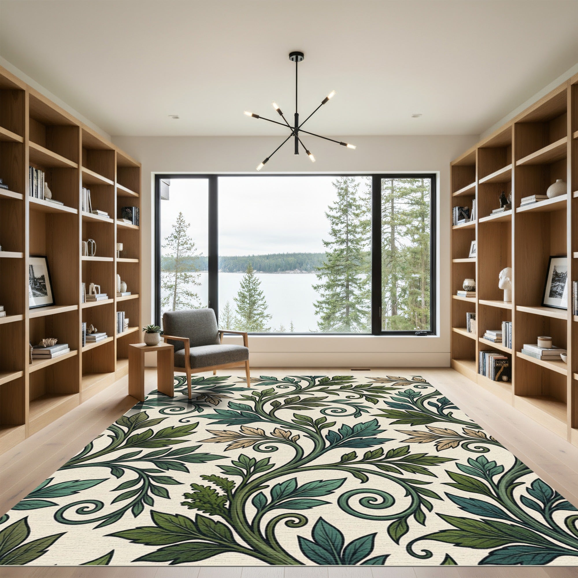 Earthy Green Botanical Scrolling Leaf Rug