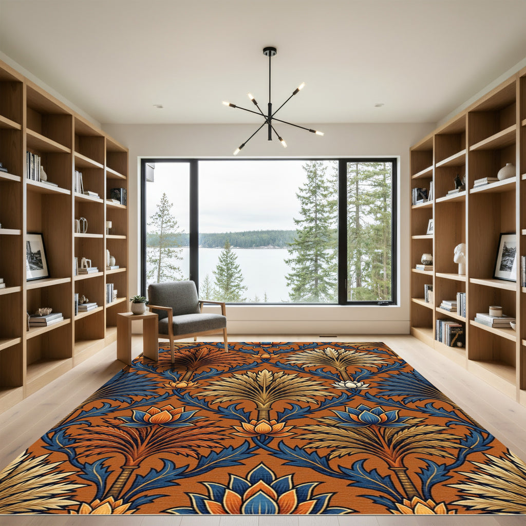 Ornate Terracotta Palm Leaf Botanical Rug