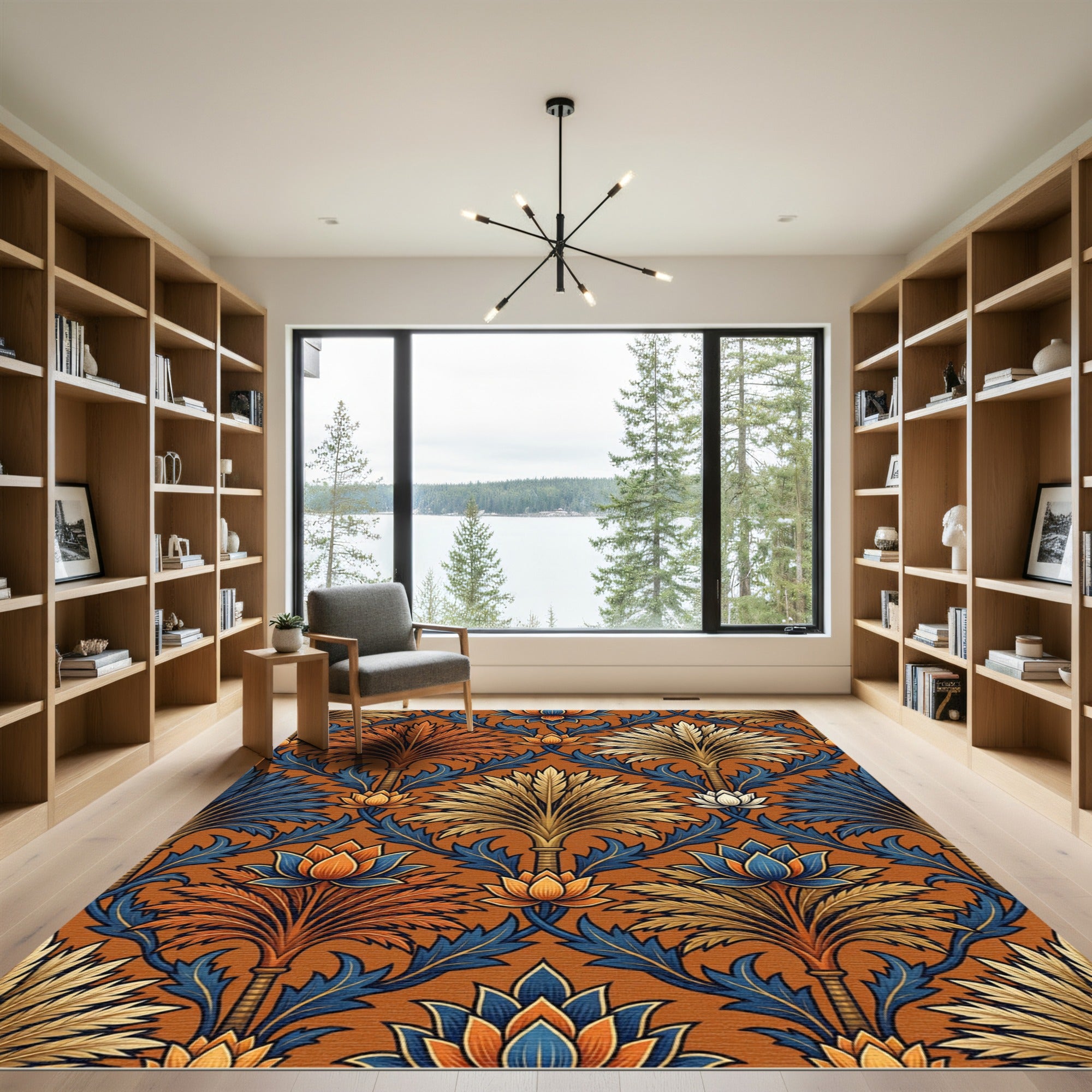 Ornate Terracotta Palm Leaf Botanical Rug