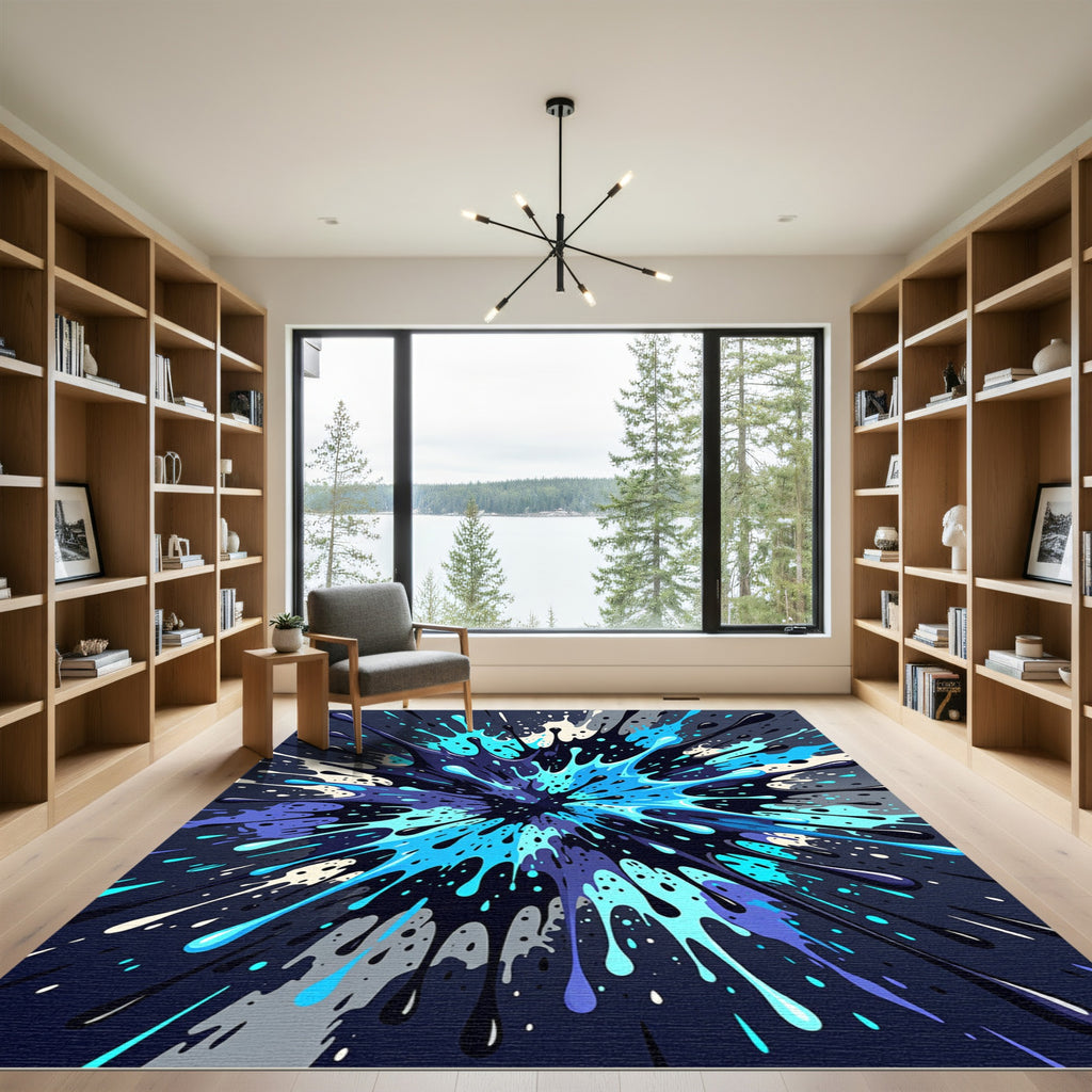Vibrant Blue Splatter Explosion Abstraction Rug