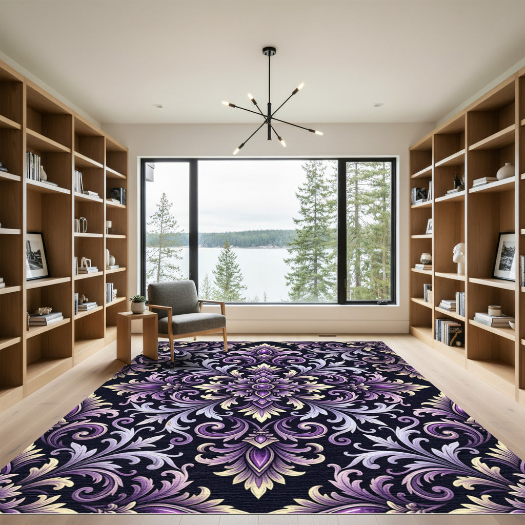 Elegant Purple Damask Ornate Medallion Rug