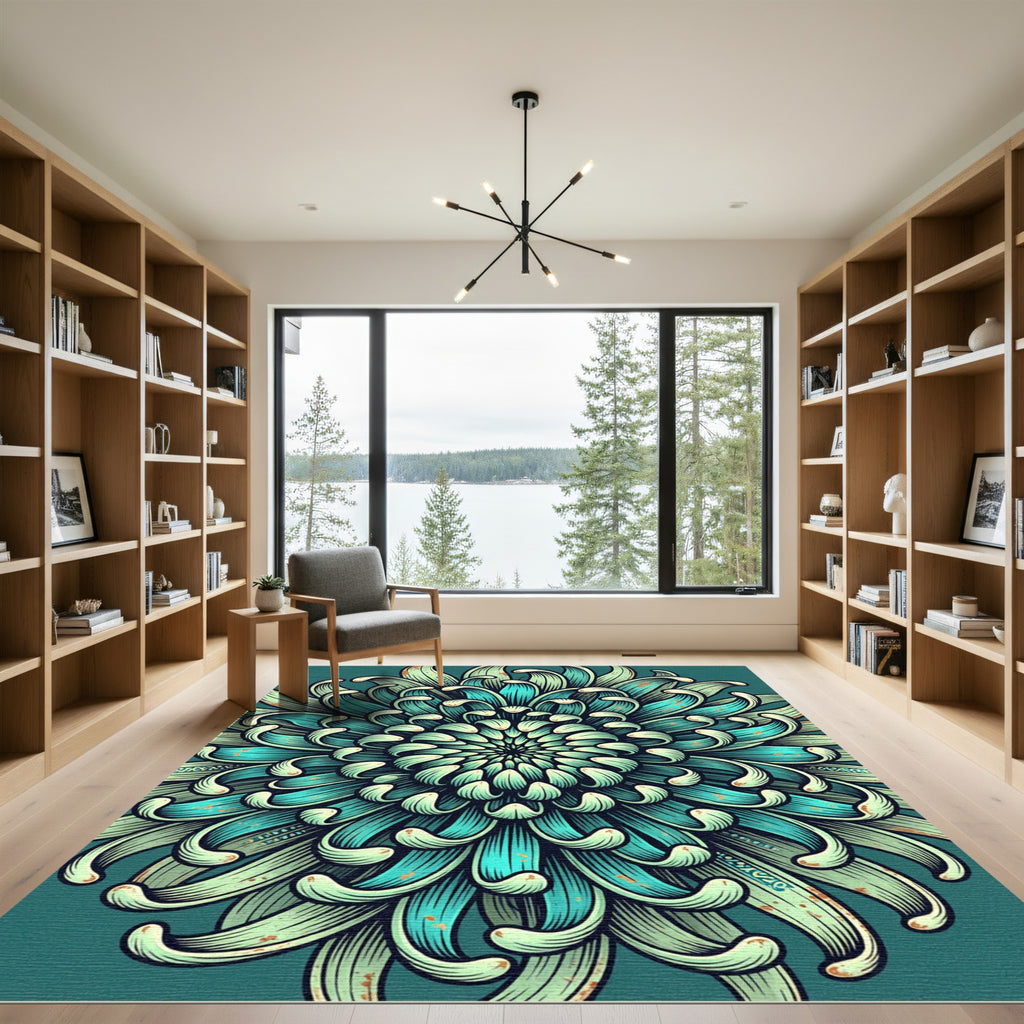 Teal Chrysanthemum Botanical Mandala Scroll Rug
