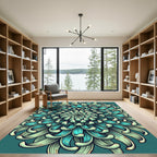 Teal Chrysanthemum Botanical Mandala Scroll Rug