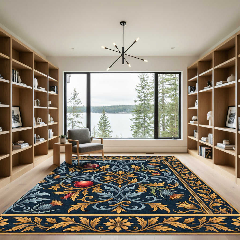 Midnight Blue Pomegranate Thistle Botanical Rug