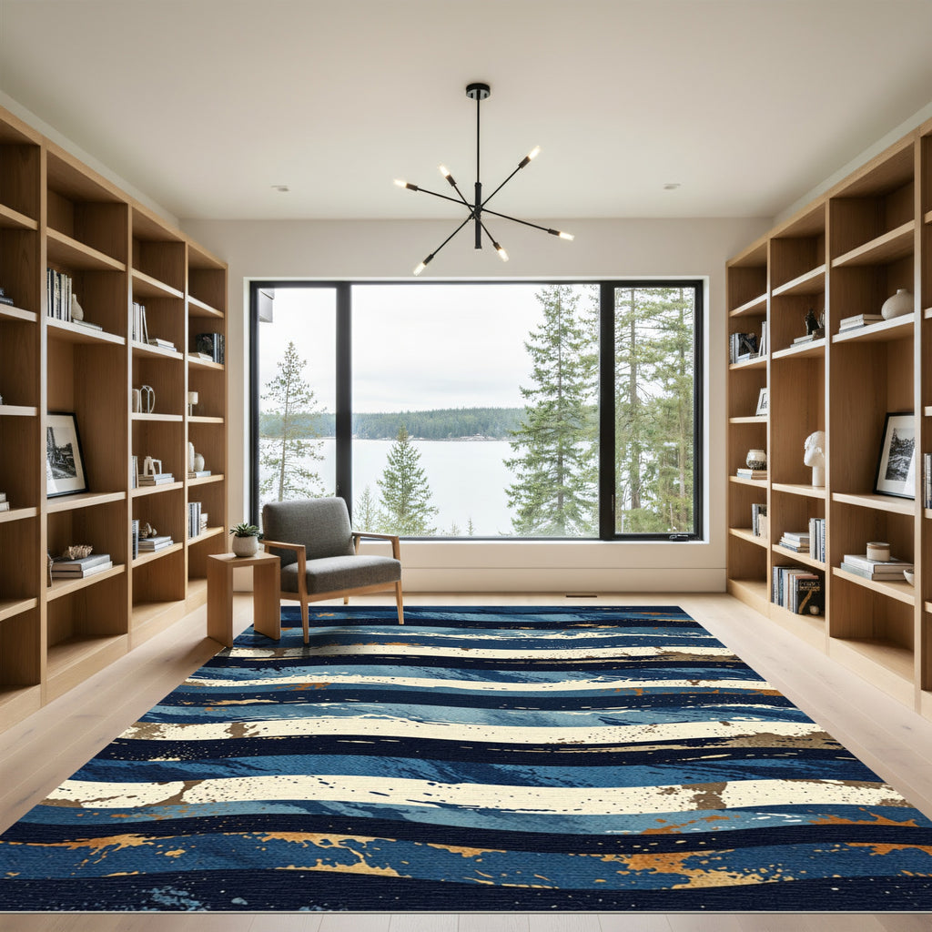 Abstract Navy Blue Gold Wave Lines Rug