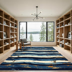 Abstract Navy Blue Gold Wave Lines Rug