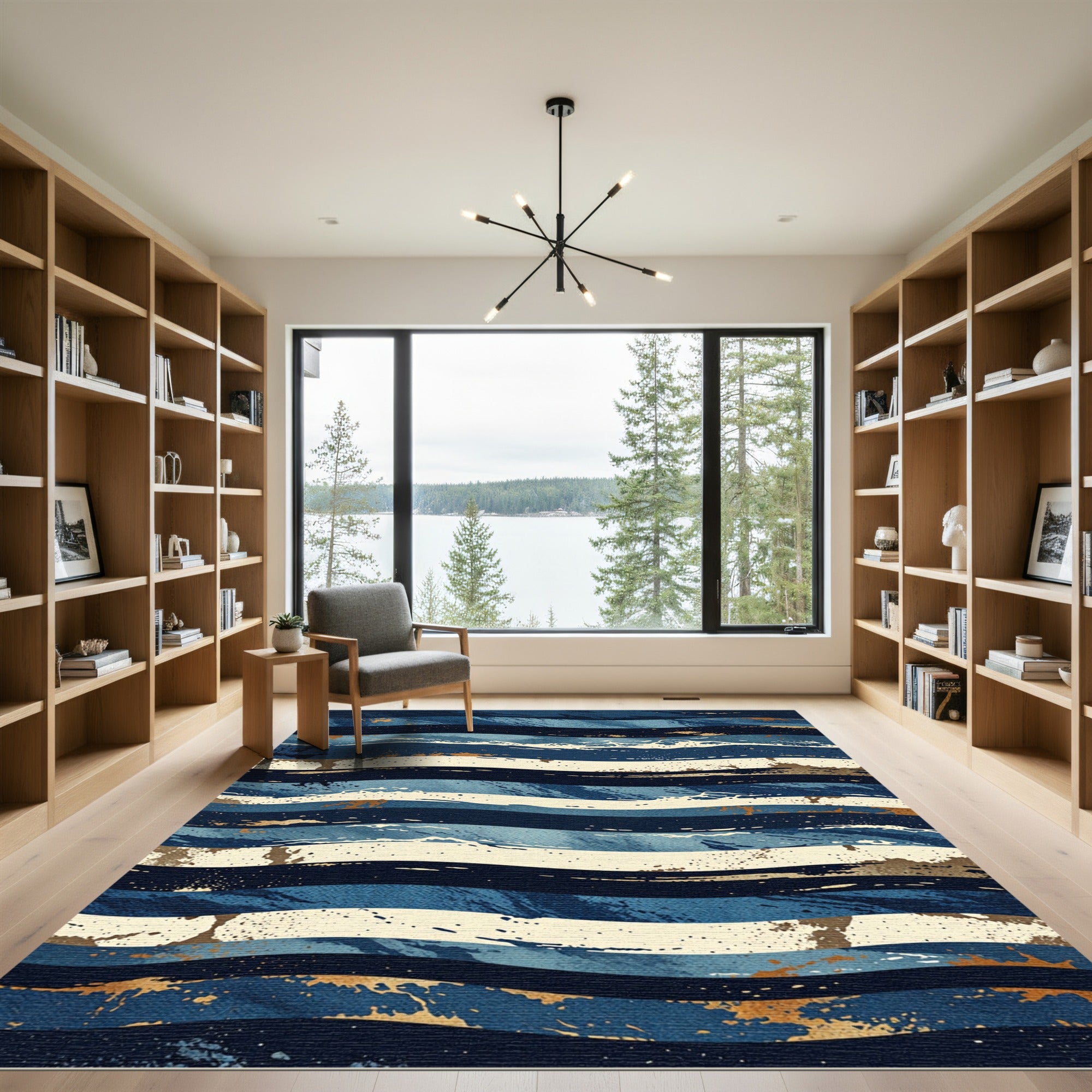 Abstract Navy Blue Gold Wave Lines Rug