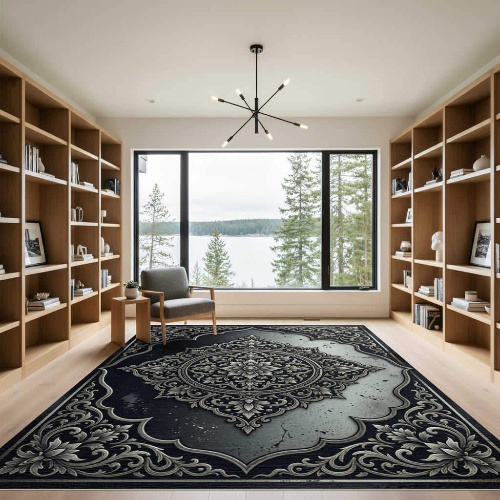 Elegant Charcoal Silver Floral Medallion Rug