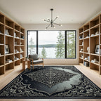 Elegant Charcoal Silver Floral Medallion Rug