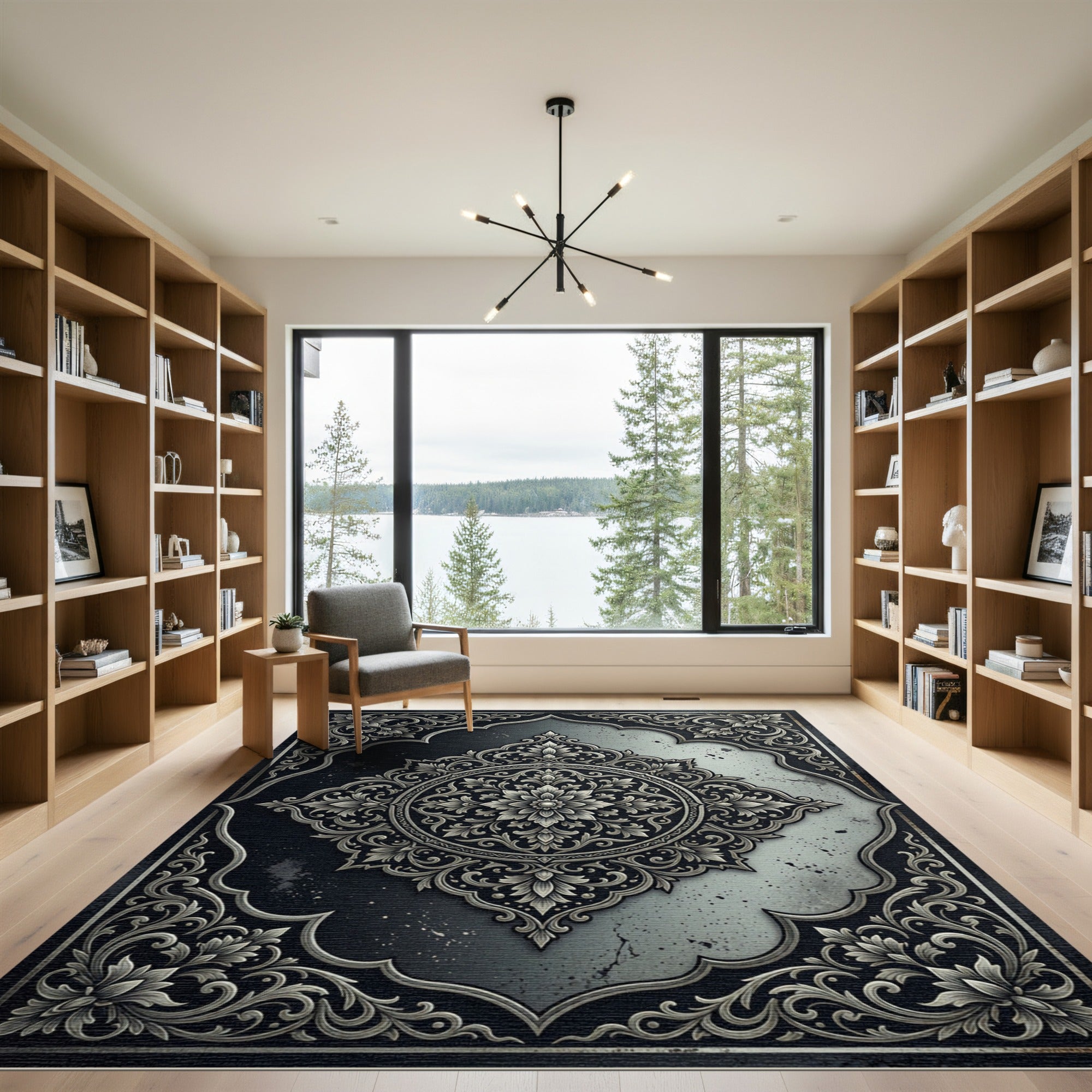 Elegant Charcoal Silver Floral Medallion Rug