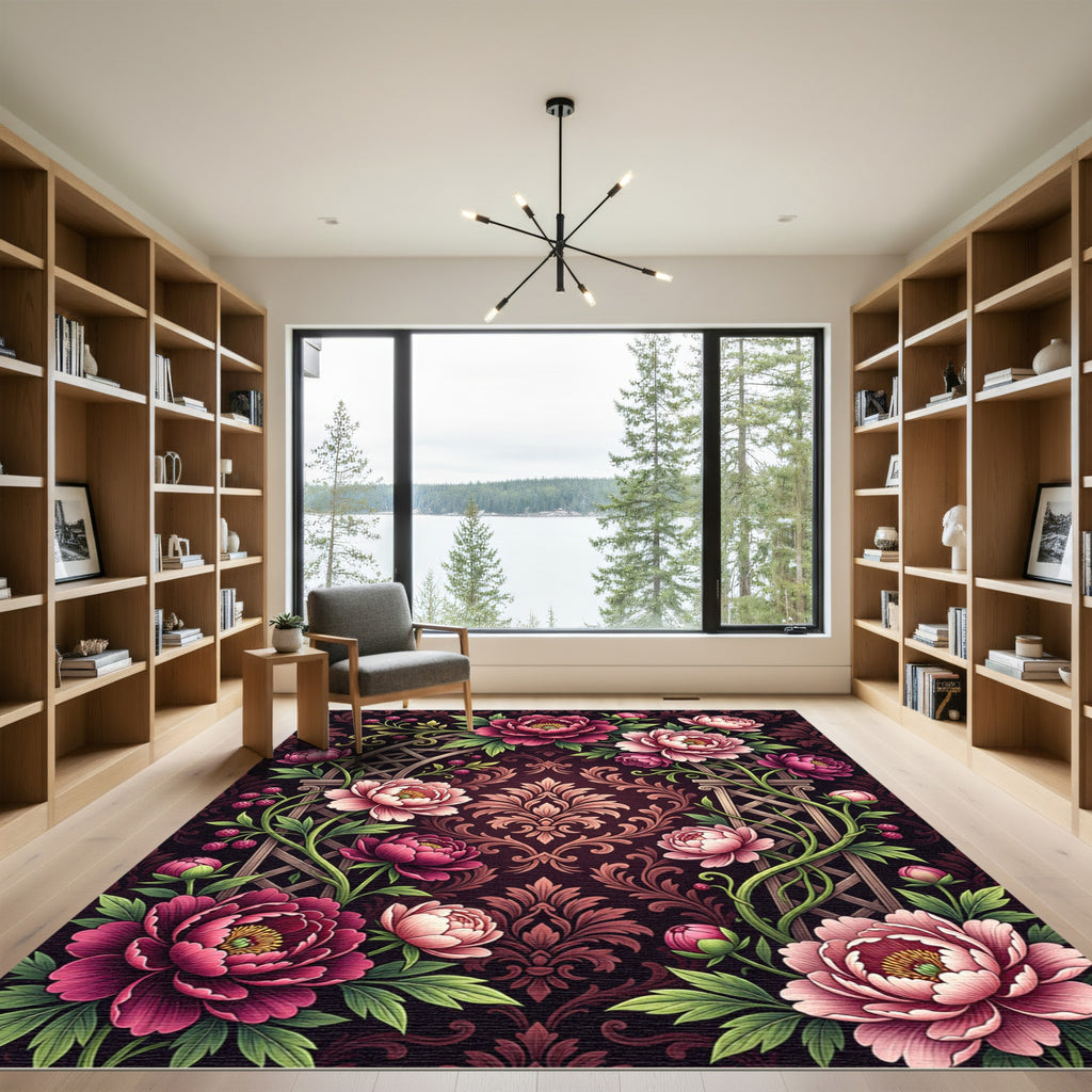Dramatic Burgundy Peony Damask Trellis Rug