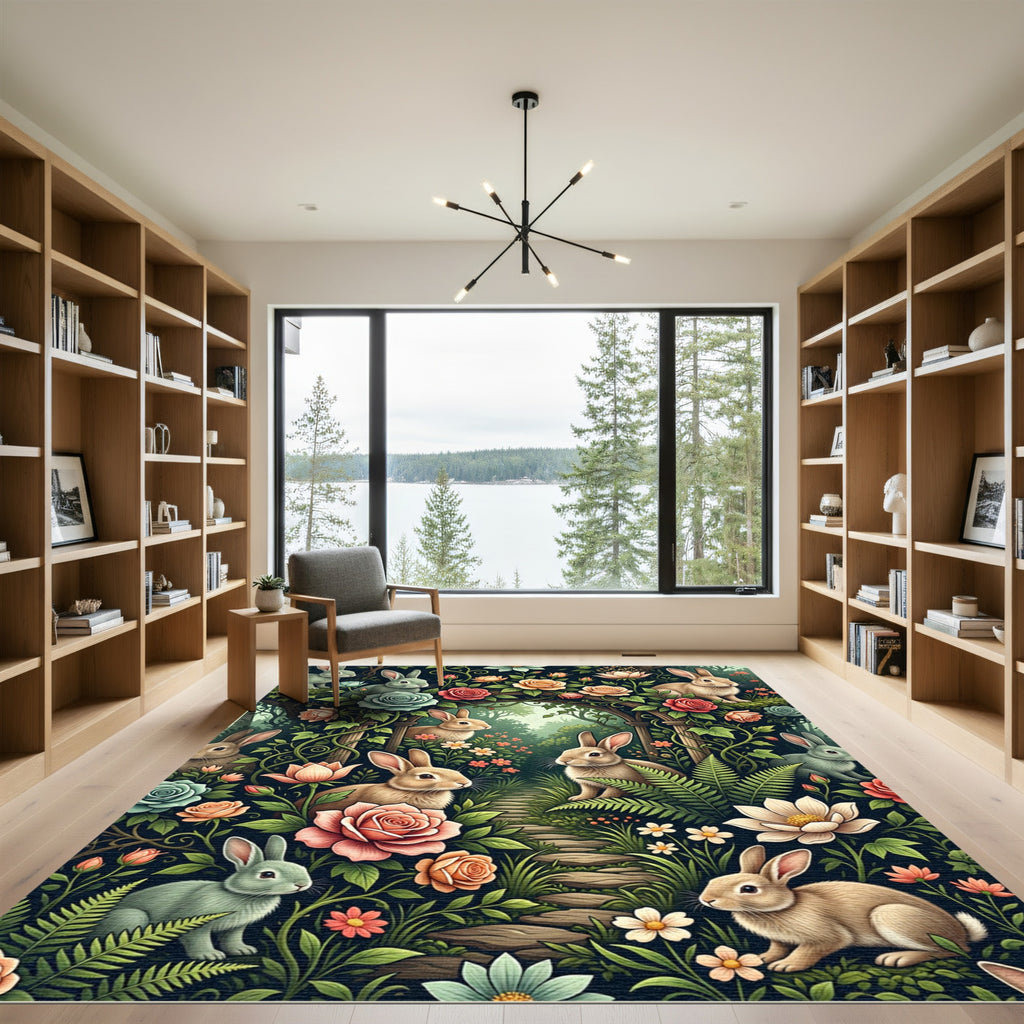 Enchanted Woodland Rabbit and Rose Garden Rug