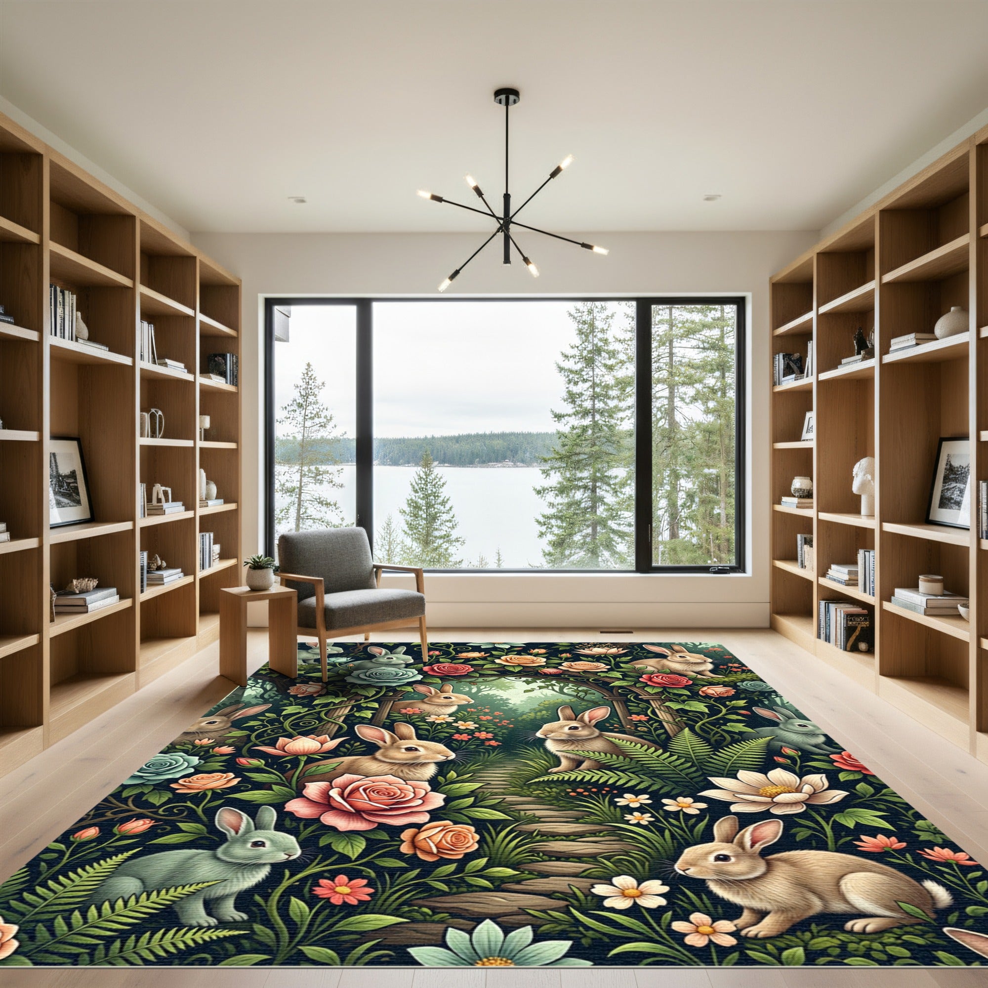 Enchanted Woodland Rabbit and Rose Garden Rug