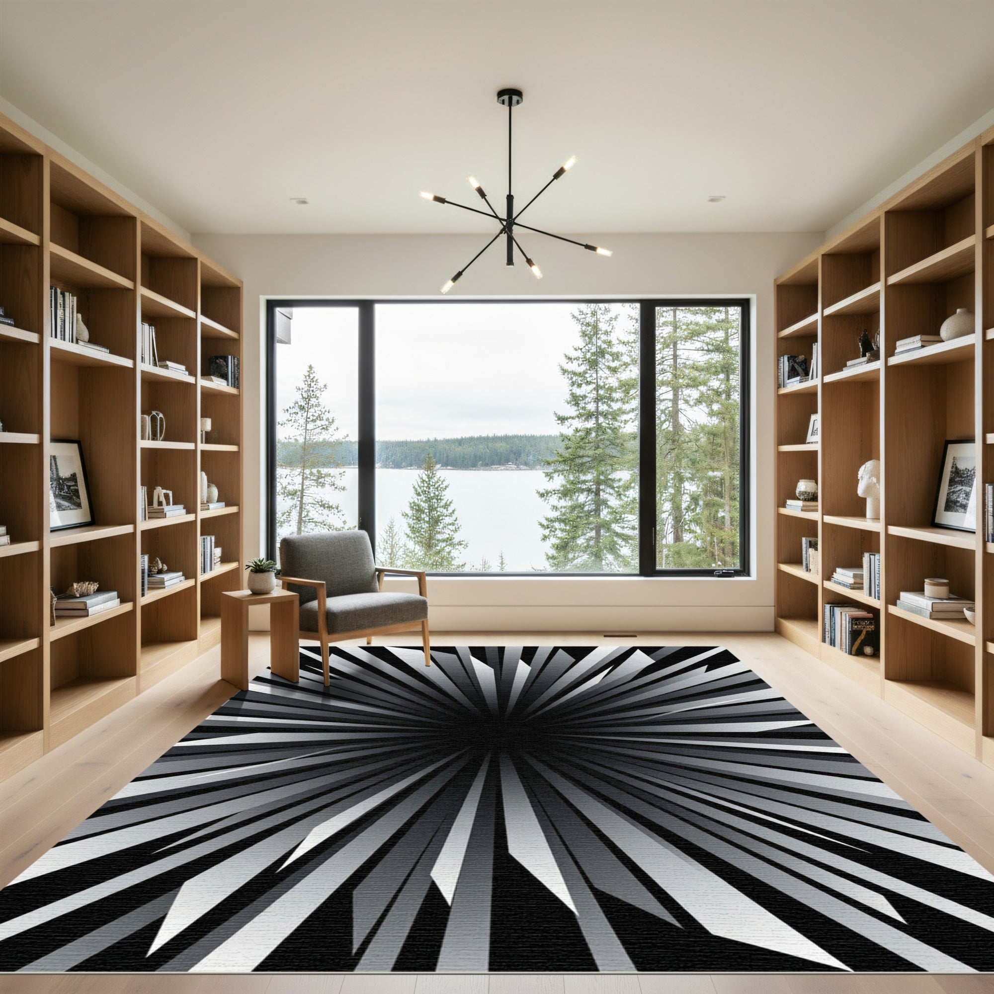 Monochromatic Abstract Sunburst Radiant Vortex Rug