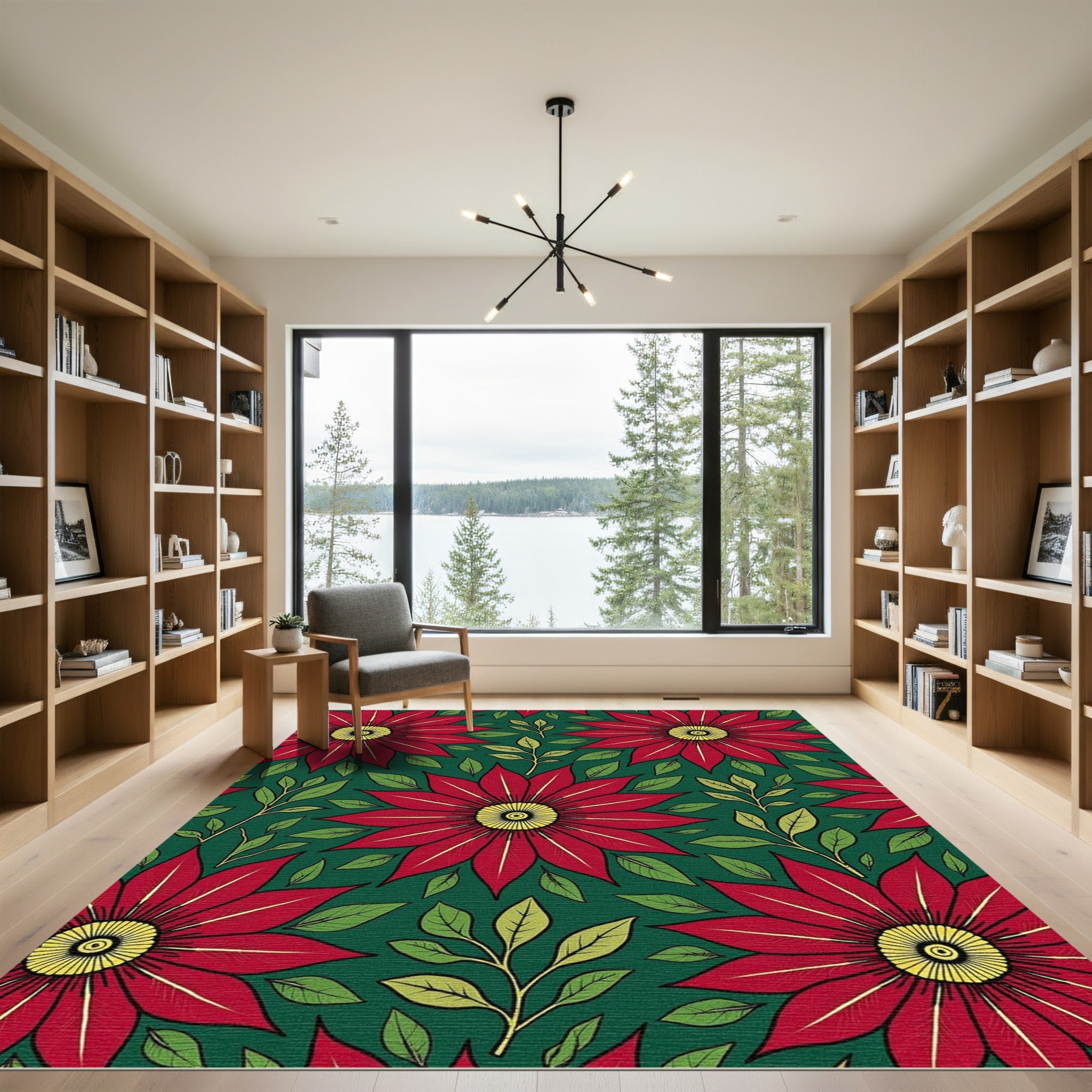 Vibrant Red Starburst Floral Green Rug