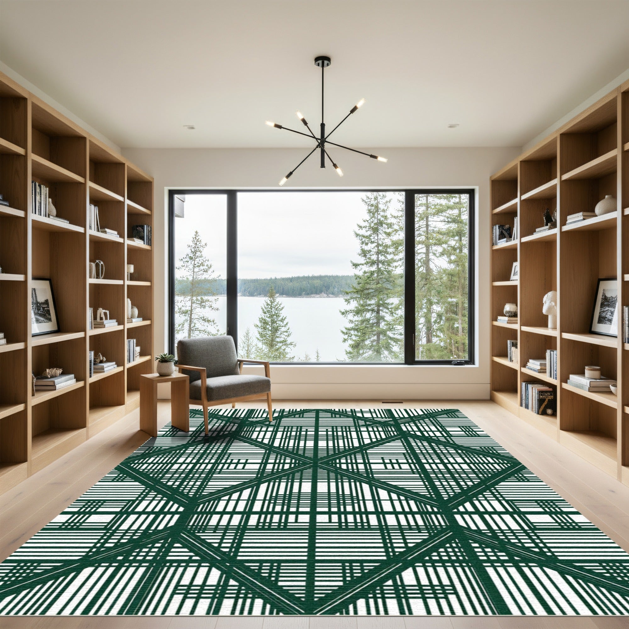 Deep Green Intersecting Lines Geometric Rug