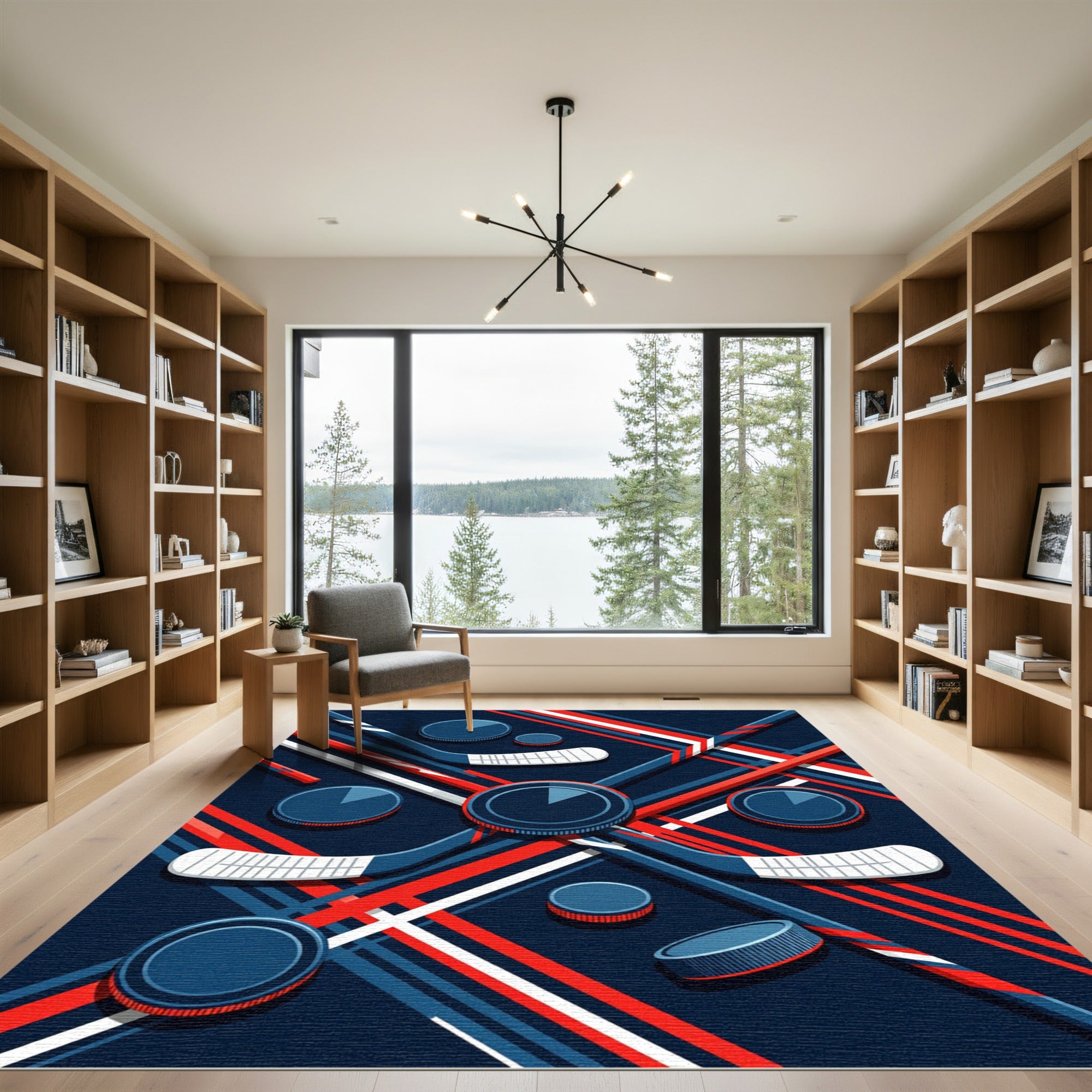 Dynamic Navy Red Hockey Stick Abstract Rug