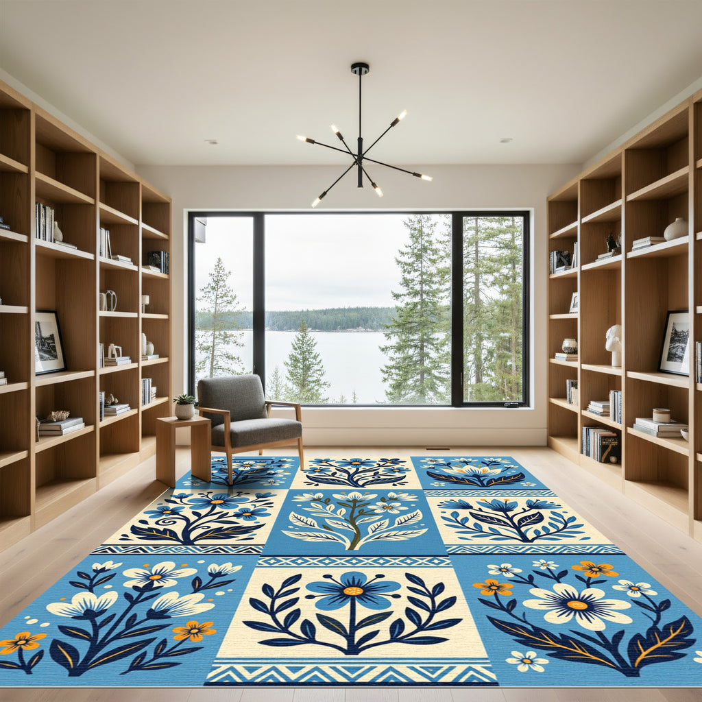 Blue White Floral Botanical Garland Rug
