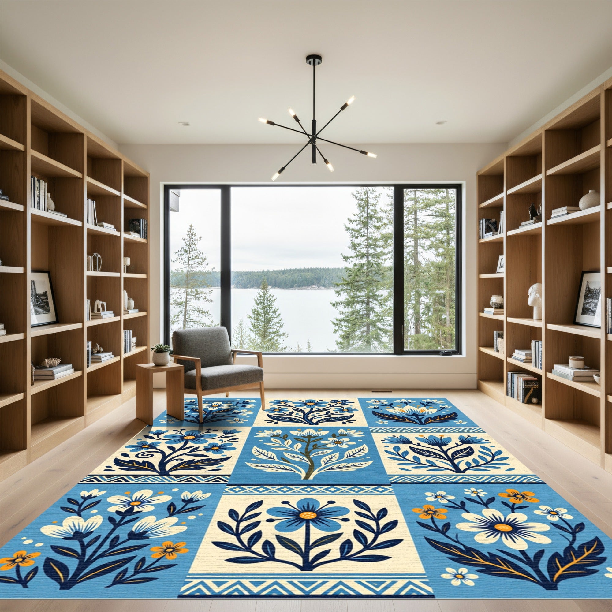 Blue White Floral Botanical Garland Rug