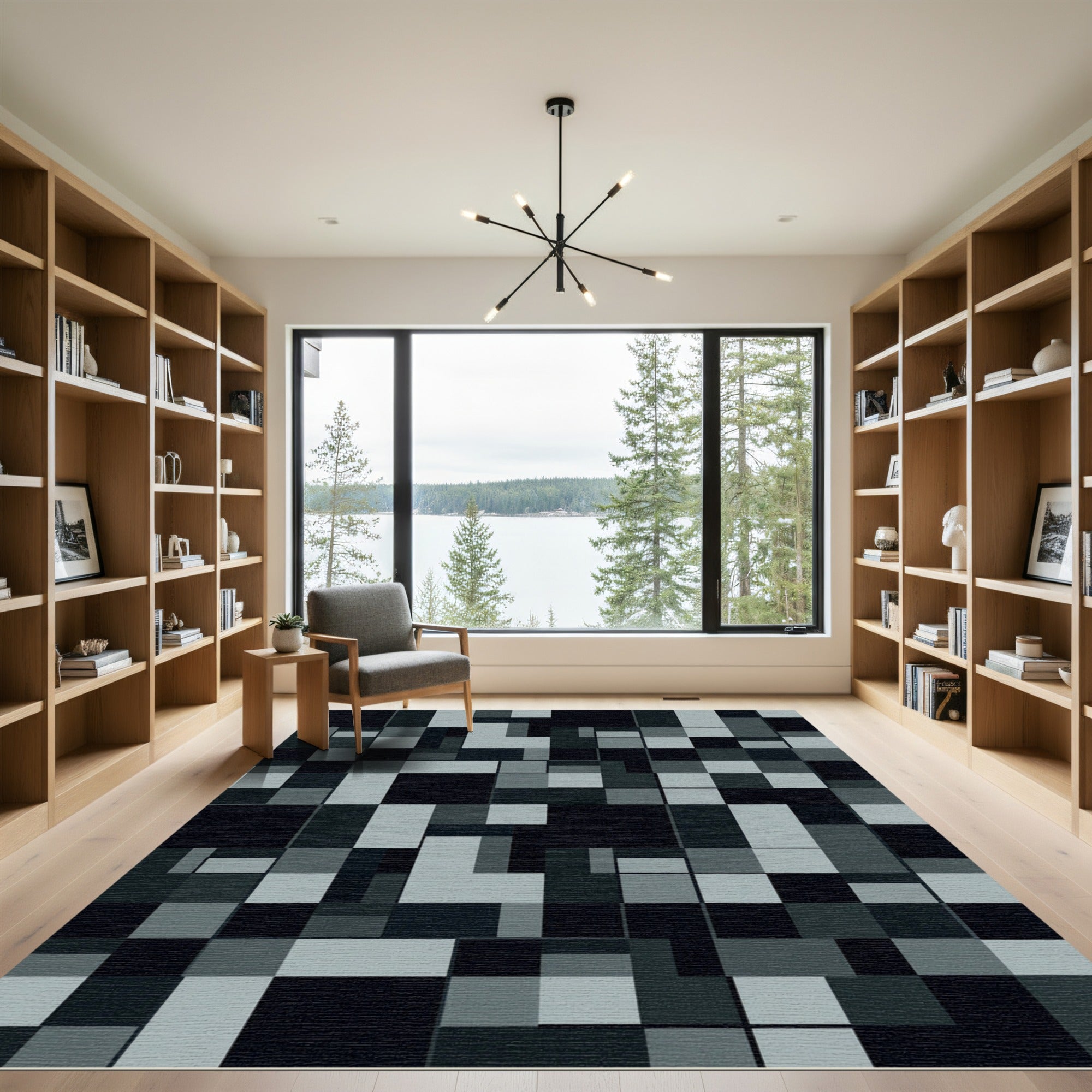 Monochromatic Gray Geometric Block Square Rug