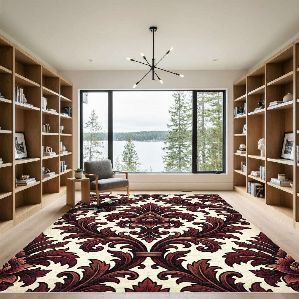 Deep Crimson Floral Acanthus Scroll Rug