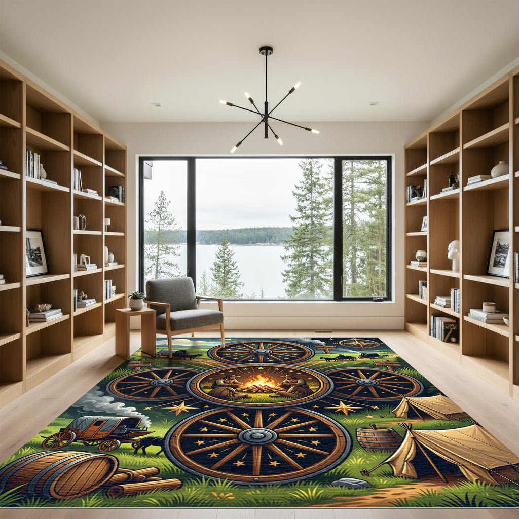 Rustic Frontier Wagon Wheel Celestial Rug