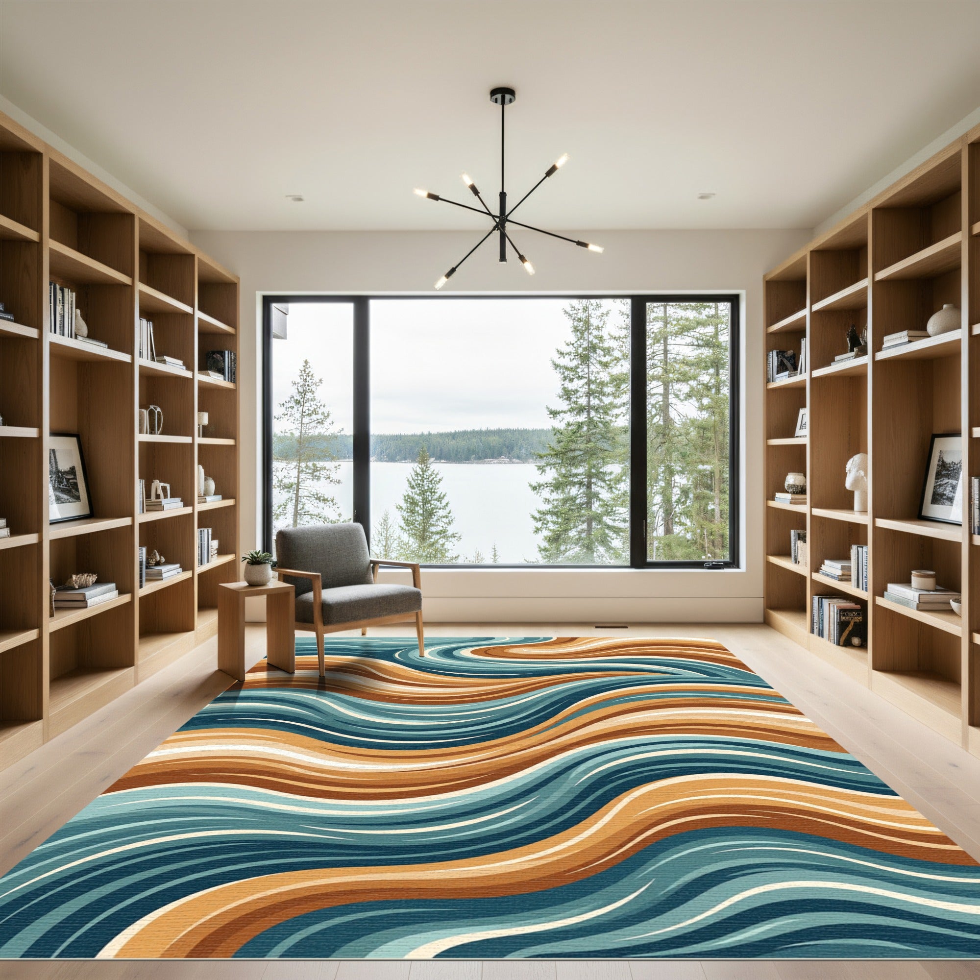 Ocean Blue And Tan Curvy Waves Rug
