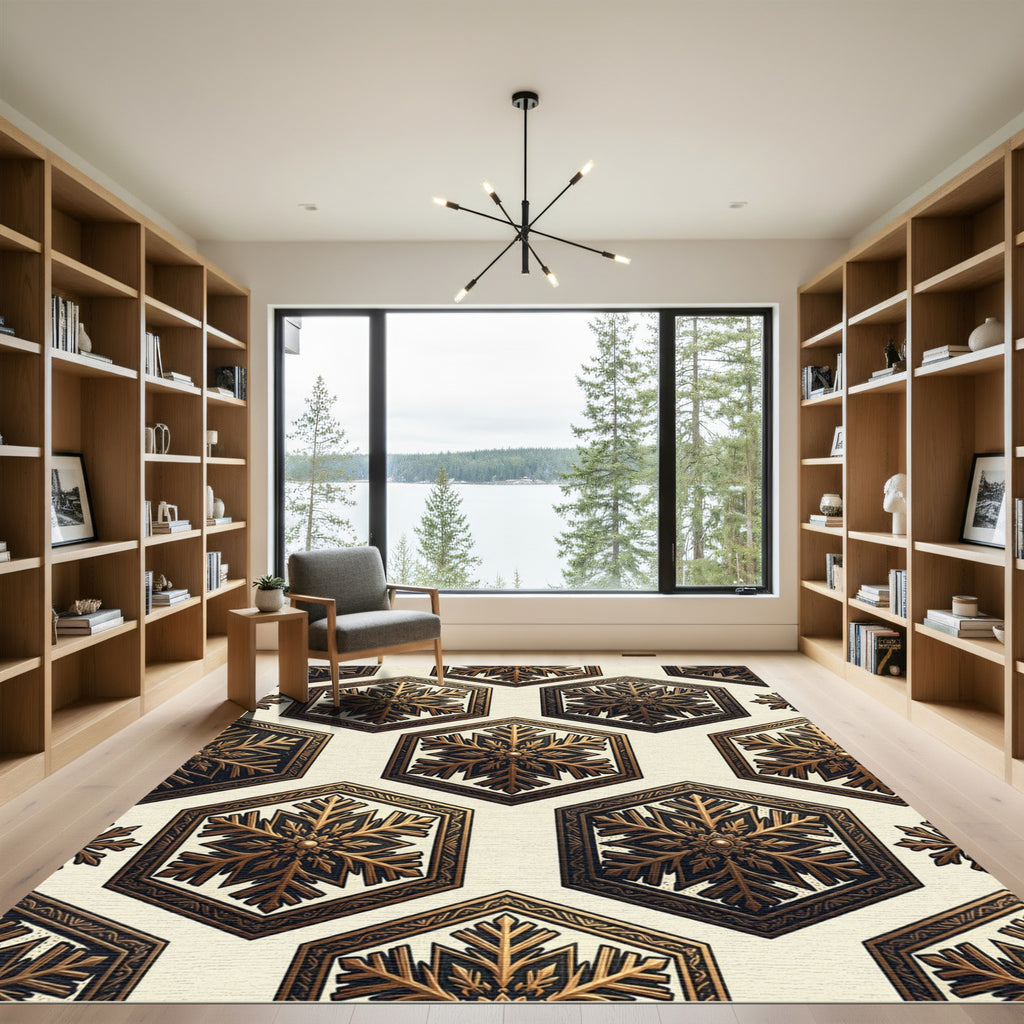 Golden Snowflake Hexagonal Geometric Art Rug