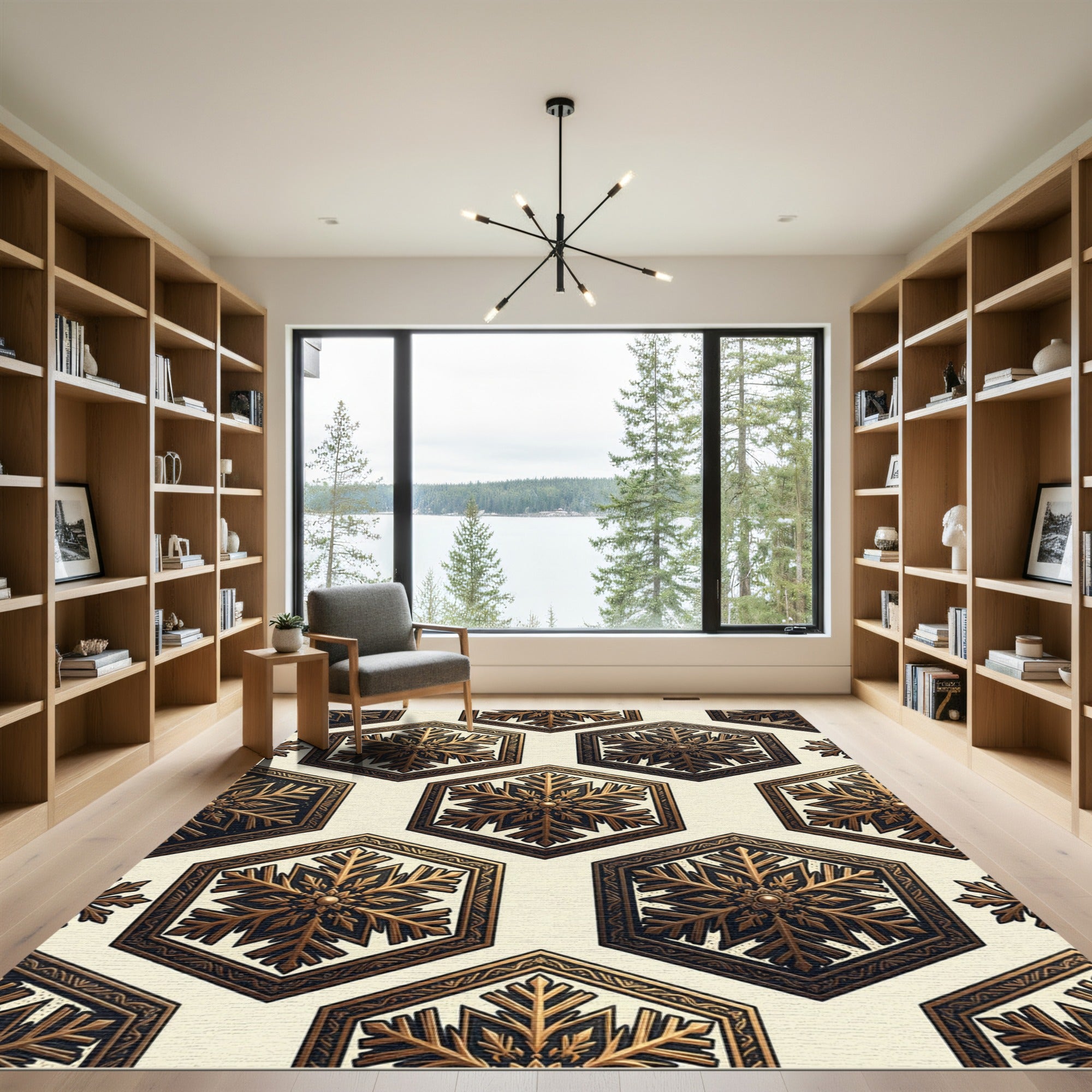 Golden Snowflake Hexagonal Geometric Art Rug