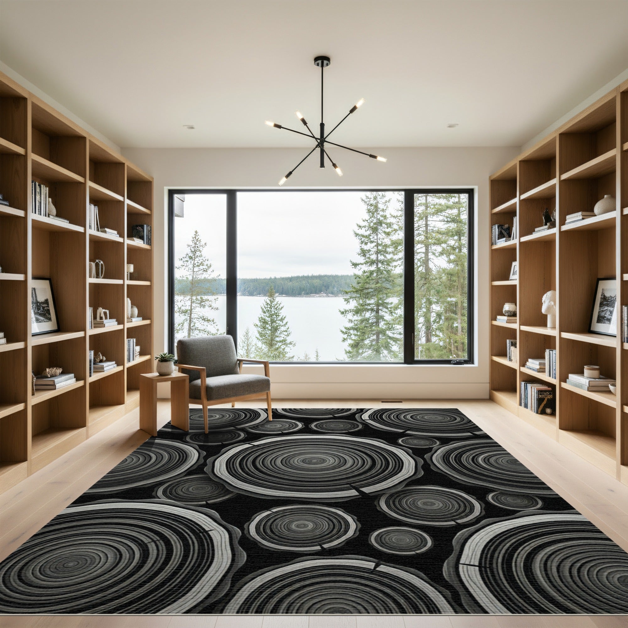 Monochromatic Wood Grain Circle Collage Rug
