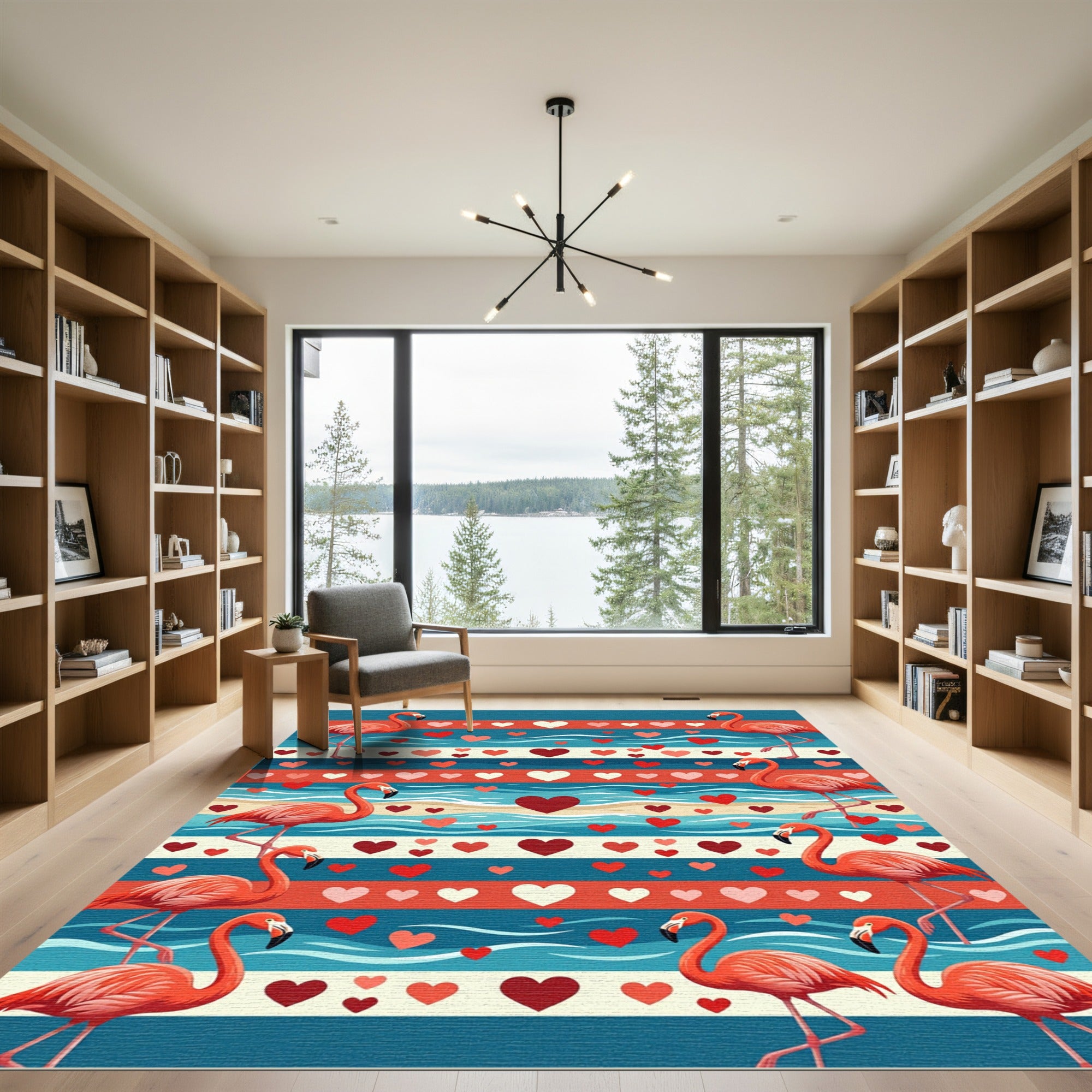 Coral Flamingos Red Heart Beach Waves Rug