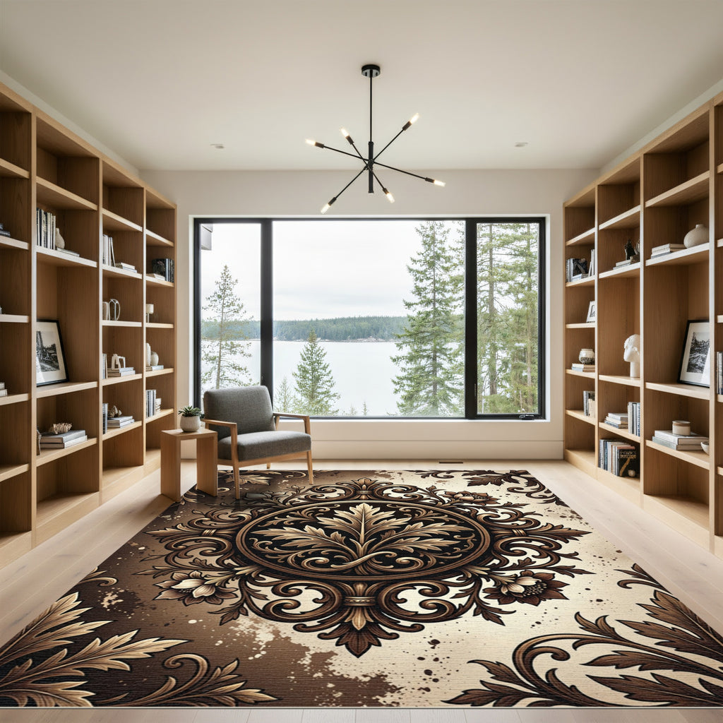 Ornate Bronze Botanical Acanthus Medallion Rug