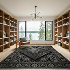 Ornate Black Silver Floral Diamond Rug
