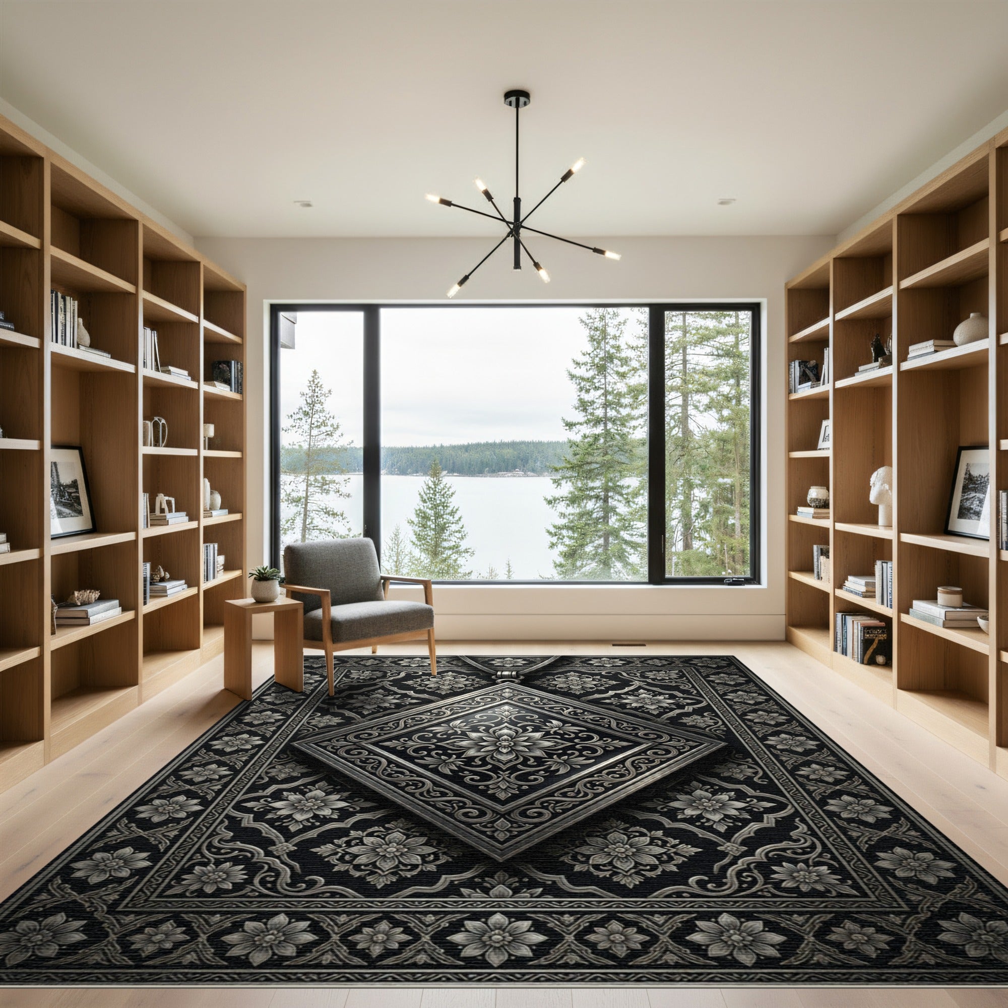 Ornate Black Silver Floral Diamond Rug
