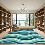 Coastal Teal Blue Abstract Ocean Waves Rug
