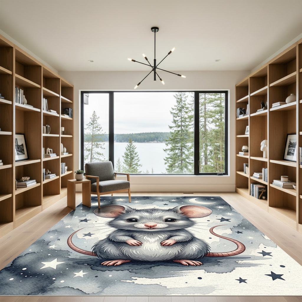 Whimsical Midnight Gray Starry Mouse Rug
