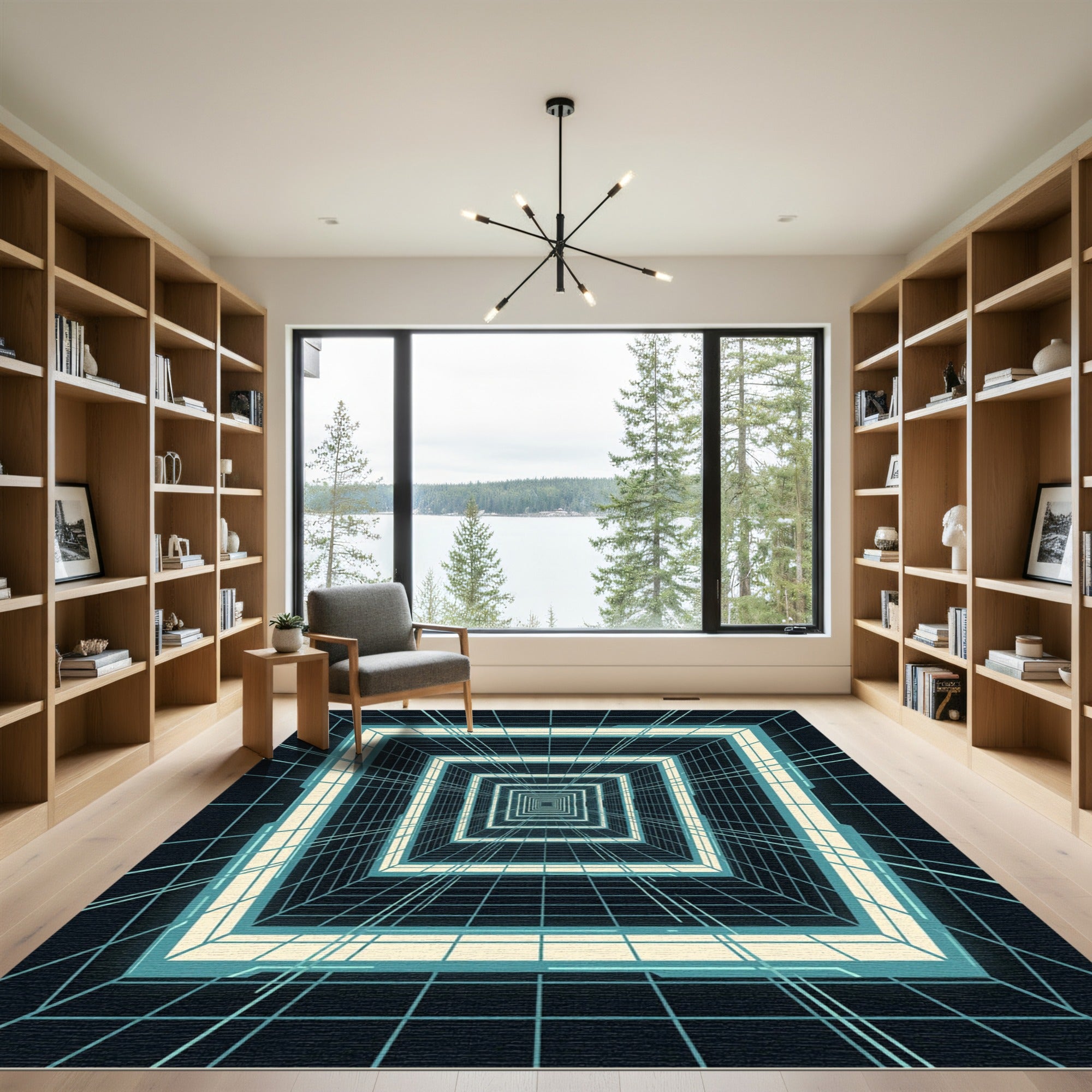 Futuristic Neon Cyber Tunnel Grid Rug