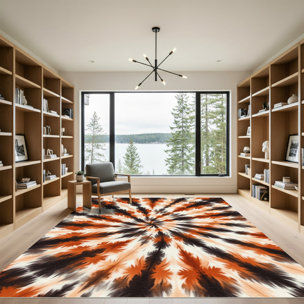 Abstract Rust and Charcoal Sunburst Swirl Rug